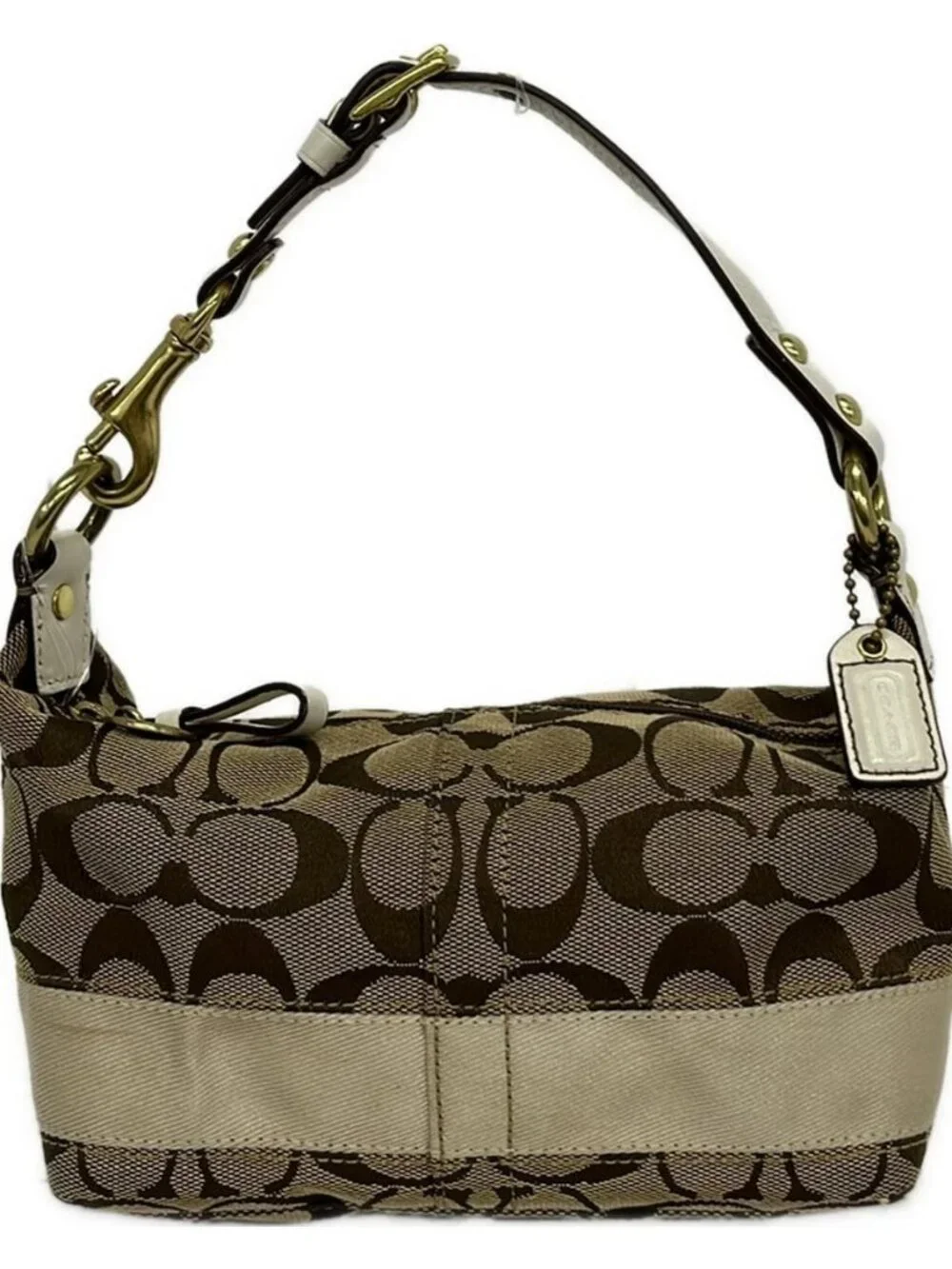 COACH Signature Stripe Accessory Pouch 40757 Dark Brown Beige White Jacquard